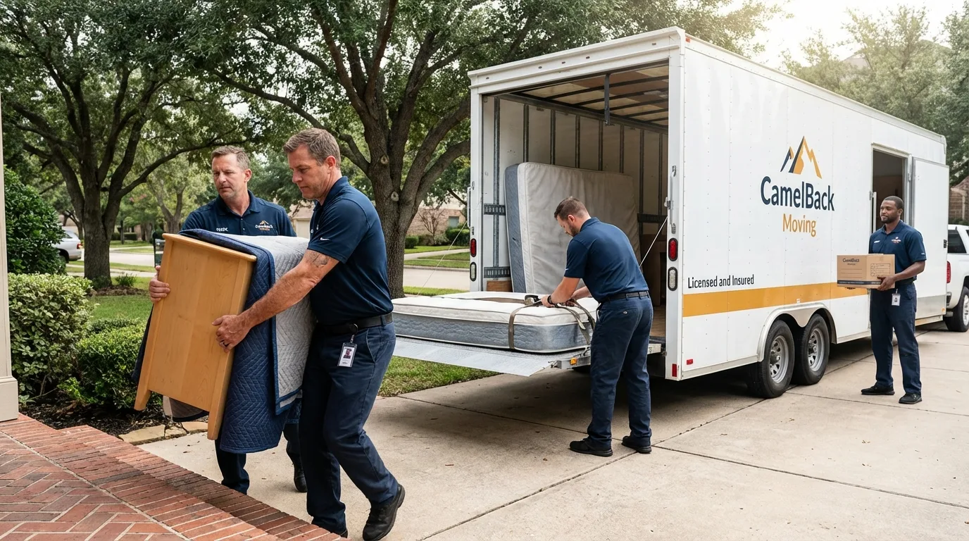 Crew loading residential truck for cross-state move from Evadale, TX