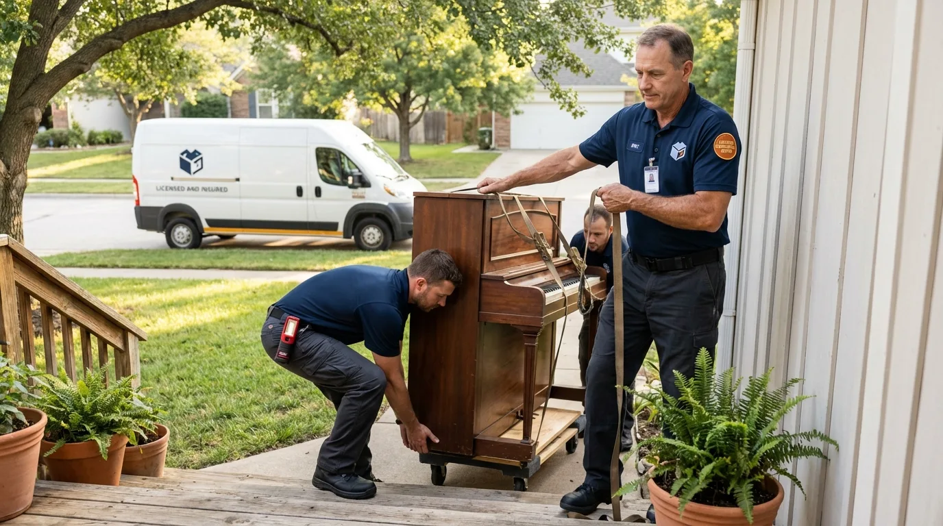 Licensed piano movers securing grand piano in Evadale, TX