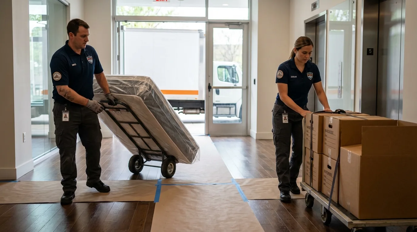 Professional apartment movers loading elevator in Evadale, TX
